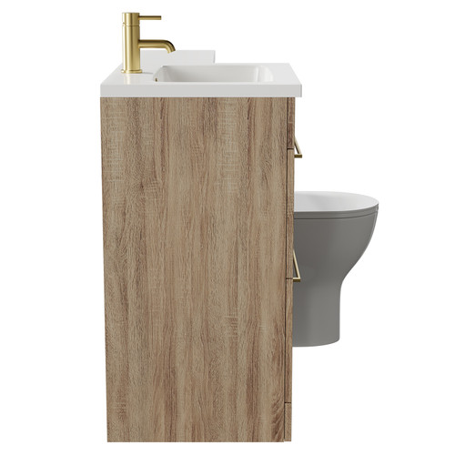 Napoli Combination Bordalino Oak 1100mm Vanity Unit Toilet Suite with Left Hand L Shaped 1 Tap Hole Round Basin and 2 Drawers with Brushed Brass Handles Side View