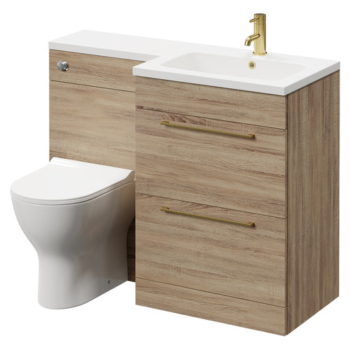 Napoli Combination Bordalino Oak 1100mm Vanity Unit Toilet Suite with Right Hand L Shaped 1 Tap Hole Round Basin and 2 Drawers with Brushed Brass Handles Right Hand View