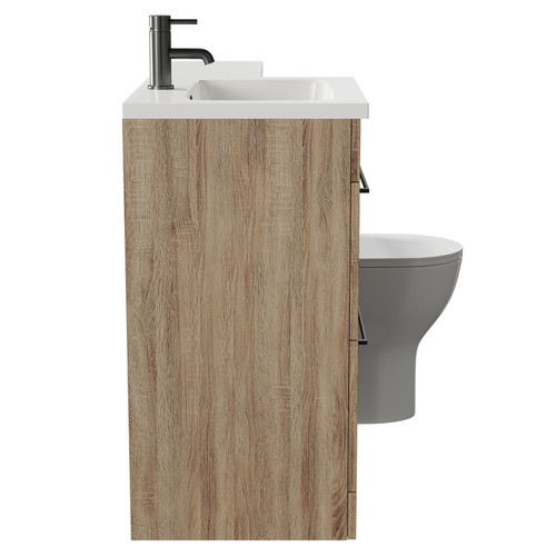 Napoli Combination Bordalino Oak 1100mm Vanity Unit Toilet Suite with Left Hand L Shaped 1 Tap Hole Round Basin and 2 Drawers with Gunmetal Grey Handles Side View