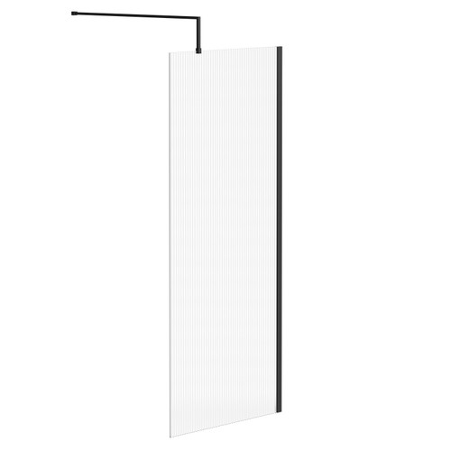 Colore 8mm Fluted Glass Matt Black 1850mm x 800mm Walk In Shower Screen including Wall Channel and Support Bar Left Hand Side View Colore 8mm Fluted Glass Matt Black 1850mm x 800mm Walk In Shower Screen including Wall Channel and Support Bar Left Hand Side View