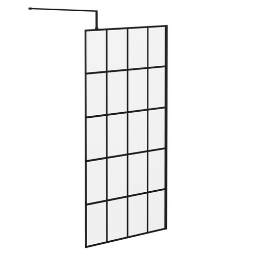 Colore 8mm Clear Glass Matt Black Crittall Frame 1950mm x 1100mm Walk In Shower Screen including Wall Channel and Support Bar Left Hand Side View