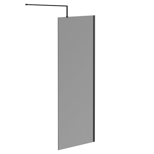 Colore 8mm Smoked Glass Matt Black 1950mm x 800mm Walk In Shower Screen including Wall Channel and Support Bar Left Hand Side View