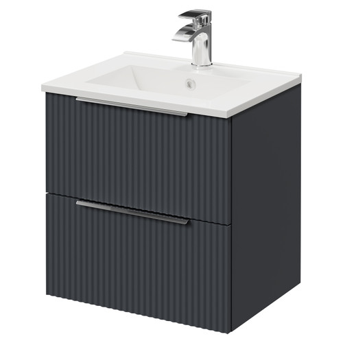 Nouveau Satin Anthracite 500mm Wall Mounted Vanity Unit with 1 Tap Hole Minimalist Basin and 2 Drawers with Polished Chrome Handles Right Hand View