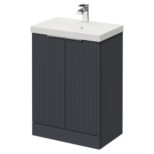 Nouveau Satin Anthracite 600mm Floor Standing Vanity Unit with 1 Tap Hole Slim Edge Basin and 2 Doors with Polished Chrome Handles Right Hand View