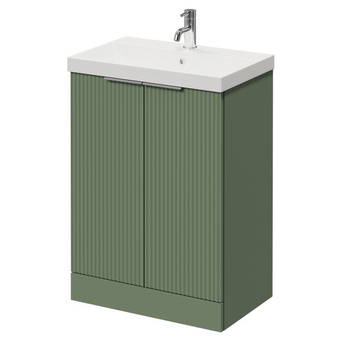 Nouveau Satin Green 600mm Floor Standing Vanity Unit with 1 Tap Hole Slim Edge Basin and 2 Doors with Polished Chrome Handles Right Hand View