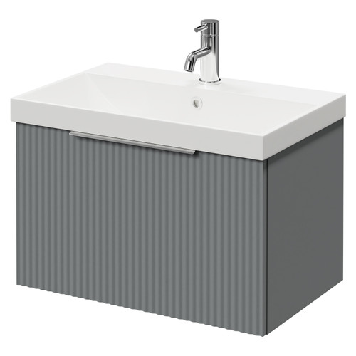 Nouveau Satin Grey 600mm Wall Mounted Vanity Unit with 1 Tap Hole Slim Edge Basin and Single Drawer with Polished Chrome Handle Right Hand View