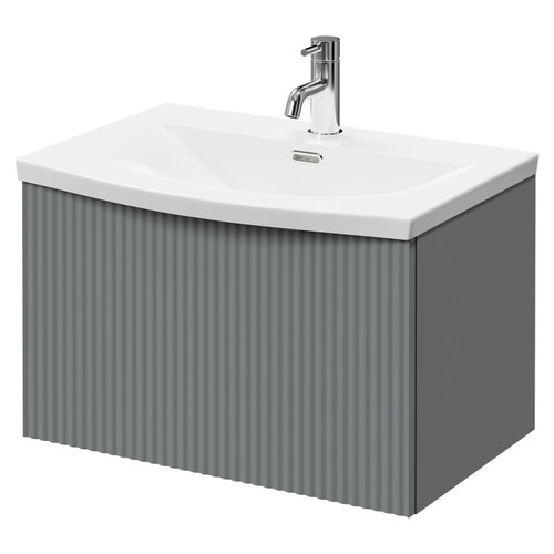 Nouveau Satin Grey 600mm Wall Mounted Vanity Unit with 1 Tap Hole Curved Basin and Single Drawer with Polished Chrome Handle Right Hand View