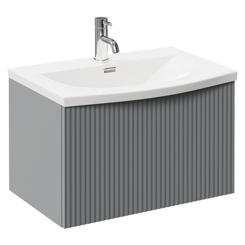 Nouveau Satin Grey 600mm Wall Mounted Vanity Unit with 1 Tap Hole Curved Basin and Single Drawer with Polished Chrome Handle Left Hand View