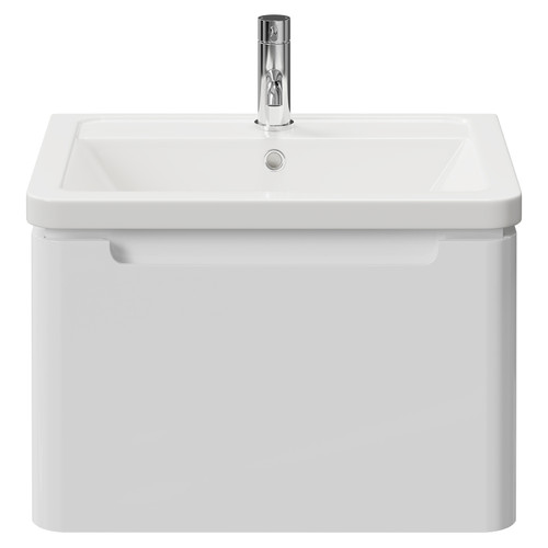 Carlo Gloss White 600mm Wall Mounted Vanity Unit with 1 Tap Hole Ceramic Basin and Single Drawer Front View