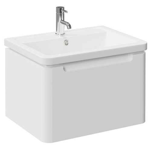 Carlo Gloss White 600mm Wall Mounted Vanity Unit with 1 Tap Hole Ceramic Basin and Single Drawer Left Hand View