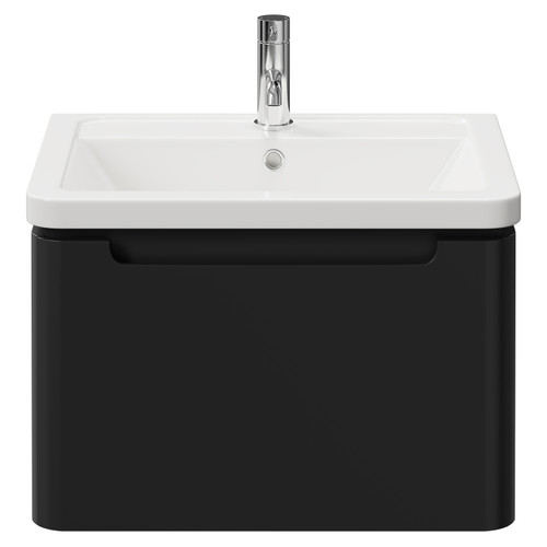 Carlo Matt Black 600mm Wall Mounted Vanity Unit with 1 Tap Hole Ceramic Basin and Single Drawer Front View