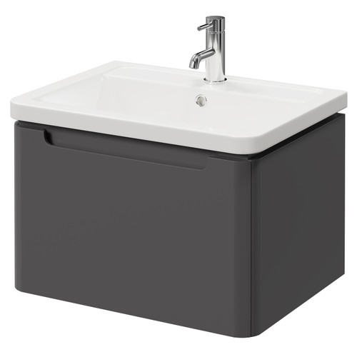 Carlo Matt Cement 600mm Wall Mounted Vanity Unit with 1 Tap Hole Ceramic Basin and Single Drawer Right Hand View