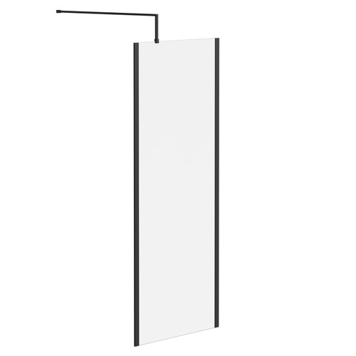 Colore 8mm Clear Glass Matt Black 1850mm x 760mm Walk In Shower Screen including Wall Channel with End Profile and Support Bar Left Hand View
