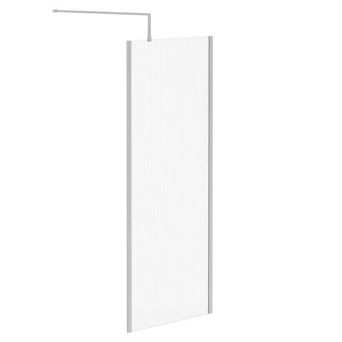 Pacco 8mm Fluted Glass Polished Chrome 1850mm x 800mm Walk In Shower Screen including Wall Channel with End Profile and Support Bar Left Hand Side View