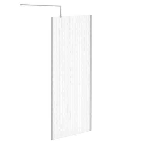 Pacco 8mm Fluted Glass Polished Chrome 1850mm x 900mm Walk In Shower Screen including Wall Channel with End Profile and Support Bar Left Hand Side View
