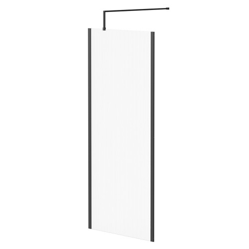 Colore 8mm Fluted Glass Matt Black 1850mm x 800mm Walk In Shower Screen including Wall Channel with End Profile and Support Bar Right Hand Side View