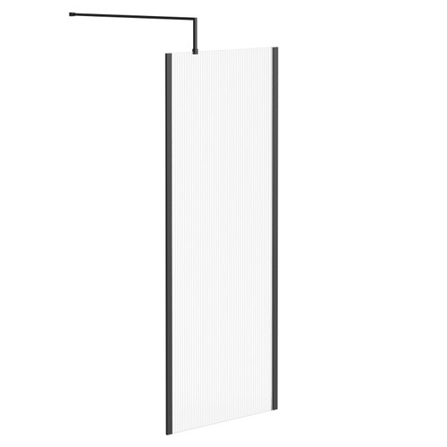 Colore 8mm Fluted Glass Matt Black 1850mm x 800mm Walk In Shower Screen including Wall Channel with End Profile and Support Bar Left Hand Side View