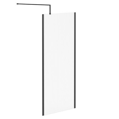 Colore 8mm Fluted Glass Matt Black 1850mm x 900mm Walk In Shower Screen including Wall Channel with End Profile and Support Bar Left Hand Side View