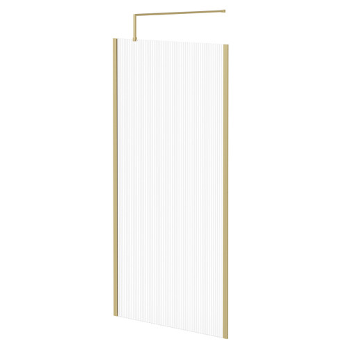 Colore 8mm Fluted Glass Brushed Brass 1850mm x 1000mm Walk In Shower Screen including Wall Channel with End Profile and Support Bar Right Hand Side View
