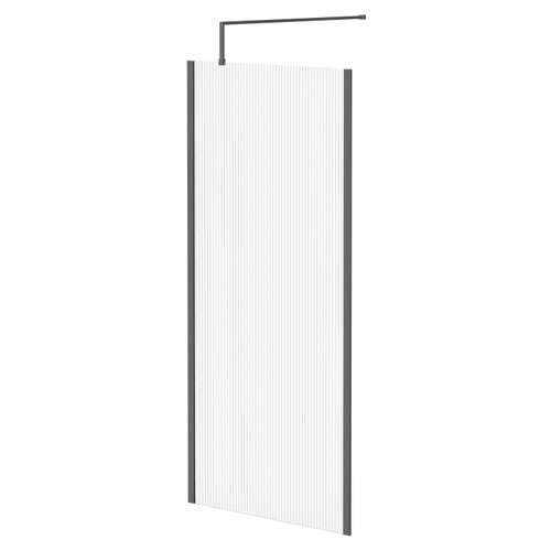 Colore 8mm Fluted Glass Gunmetal Grey 1850mm x 900mm Walk In Shower Screen including Wall Channel with End Profile and Support Bar Right Hand Side View