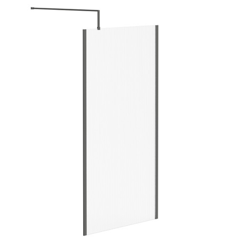 Colore 8mm Fluted Glass Gunmetal Grey 1850mm x 1000mm Walk In Shower Screen including Wall Channel with End Profile and Support Bar Left Hand Side View