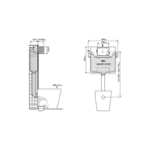 OLI 120 Plus Mechanical Mid Height Concealed Cistern and Slim White Dual Flush Plate with Rectangular Push Buttons Dimensions