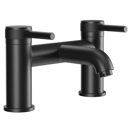 Colore Round Matt Black Bath Filler with Half Knurled Tap Heads Left Hand View