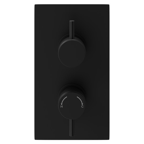 Colore Round Matt Black Concealed Twin Thermostatic Shower Valve with Half Knurled Control Handles - 1 Outlet Front View