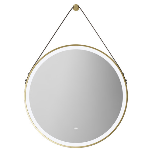 Colore Colorado Brushed Brass Frame with Brown Strap 600mm Round Illuminated Dimmable LED Mirror with Demister and Touch Sensor Front View