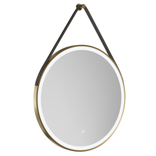 Colore Colorado Brushed Brass Frame with Brown Strap 600mm Round Illuminated Dimmable LED Mirror with Demister and Touch Sensor Left Hand View