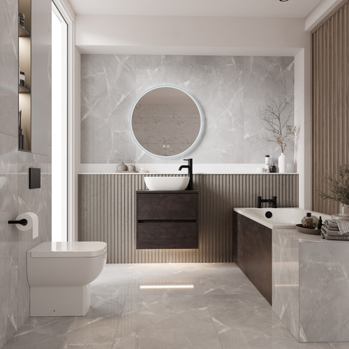 Alford 1400mm Steel Straight Single Ended Bathroom Suite including Matt Black Flush Plate Back to Wall Toilet and Metallic Slate Vanity Unit with Countertop Basin Roomset