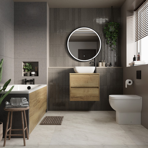 Alford 1700mm Steel Straight Single Ended Bathroom Suite including Matt Black Flush Plate Back to Wall Toilet and Autumn Oak Vanity Unit with Countertop Basin Roomset