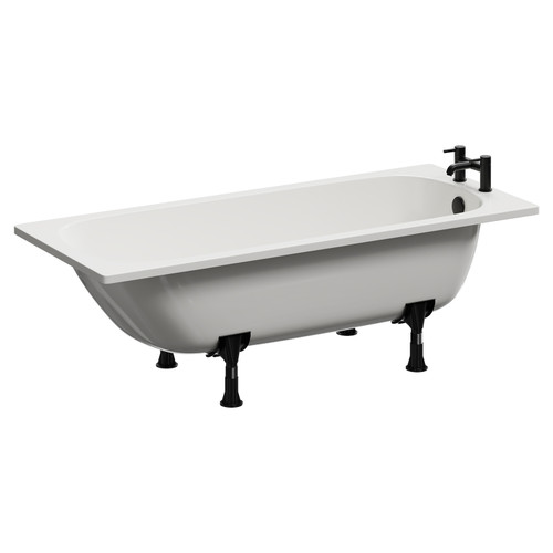 Alford 1700mm Steel Straight Single Ended Bathroom Suite including Matt Black Flush Plate Back to Wall Toilet and Autumn Oak Vanity Unit with Countertop Basin Bath