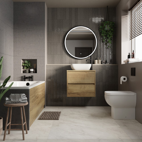 Alford 1600mm Steel Straight Single Ended Bathroom Suite including Matt Black Flush Plate Back to Wall Toilet and Autumn Oak Vanity Unit with Countertop Basin Roomset
