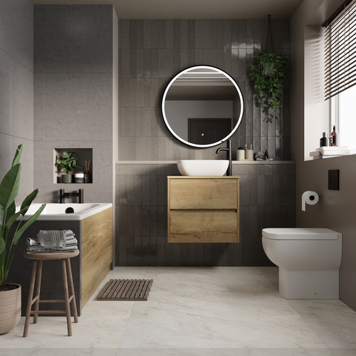 Alford 1400mm Steel Straight Single Ended Bathroom Suite including Matt Black Flush Plate Back to Wall Toilet and Autumn Oak Vanity Unit with Countertop Basin Roomset
