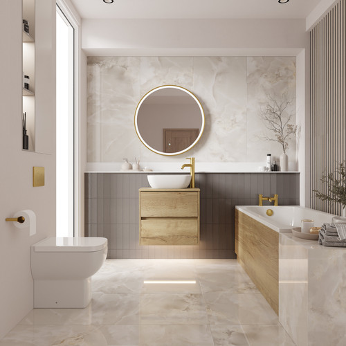 Alford 1700mm Steel Straight Single Ended Bathroom Suite including Brushed Brass Flush Plate Back to Wall Toilet and Autumn Oak Vanity Unit with Countertop Basin Roomset