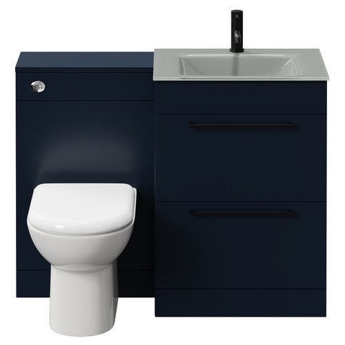 Venice Mono Deep Blue 1100mm Vanity Unit Toilet Suite with Grey Glass 1 Tap Hole Basin and 2 Drawers with Matt Black Handles Front View