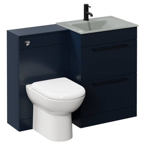 Venice Mono Deep Blue 1100mm Vanity Unit Toilet Suite with Grey Glass 1 Tap Hole Basin and 2 Drawers with Matt Black Handles Left Hand View