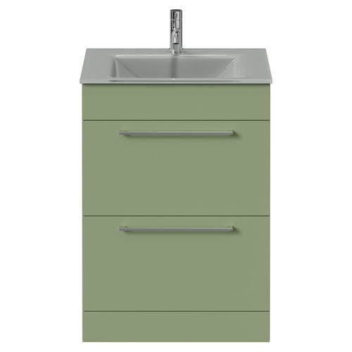 Venice Olive Green 600mm Floor Standing Vanity Unit with Grey Glass 1 Tap Hole Basin and 2 Drawers with Polished Chrome Handles Front View