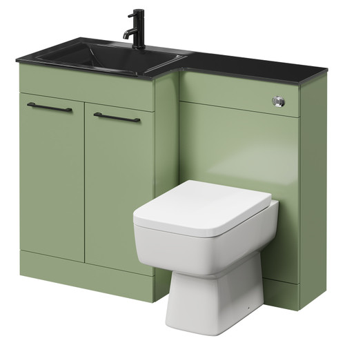 Venice Square Olive Green 1100mm Vanity Unit Toilet Suite with Left Hand Anthracite Glass 1 Tap Hole Basin and 2 Doors with Gunmetal Grey Handles Right Hand View