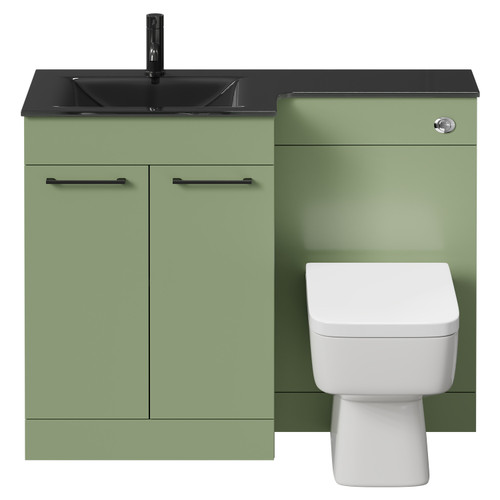 Venice Square Olive Green 1100mm Vanity Unit Toilet Suite with Left Hand Anthracite Glass 1 Tap Hole Basin and 2 Doors with Gunmetal Grey Handles Front View