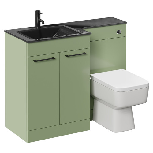 Venice Square Olive Green 1100mm Vanity Unit Toilet Suite with Left Hand Anthracite Glass 1 Tap Hole Basin and 2 Doors with Gunmetal Grey Handles Left Hand View