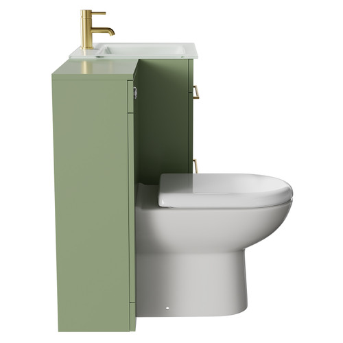 Venice Mono Olive Green 1100mm Vanity Unit Toilet Suite with White Glass 1 Tap Hole Basin and 2 Drawers with Brushed Brass Handles Side View