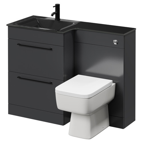 Venice Square Gloss Grey 1100mm Vanity Unit Toilet Suite with Left Hand Anthracite Glass 1 Tap Hole Basin and 2 Drawers with Matt Black Handles Right Hand View