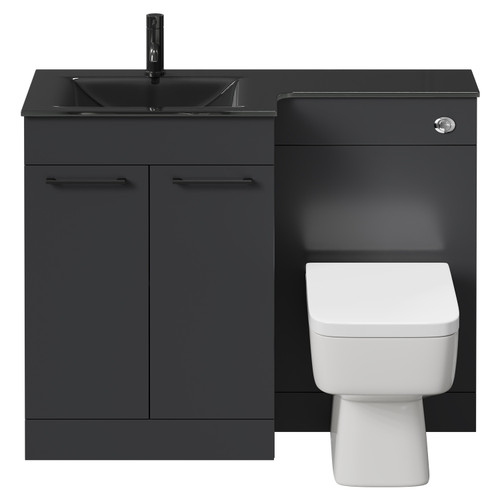 Venice Square Gloss Grey 1100mm Vanity Unit Toilet Suite with Left Hand Anthracite Glass 1 Tap Hole Basin and 2 Doors with Gunmetal Grey Handles Front View