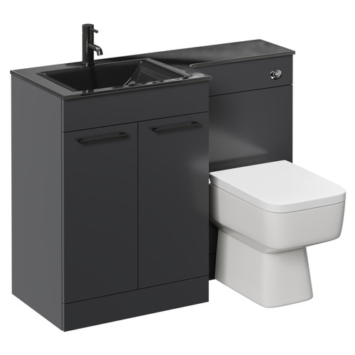 Venice Square Gloss Grey 1100mm Vanity Unit Toilet Suite with Left Hand Anthracite Glass 1 Tap Hole Basin and 2 Doors with Gunmetal Grey Handles Left Hand View
