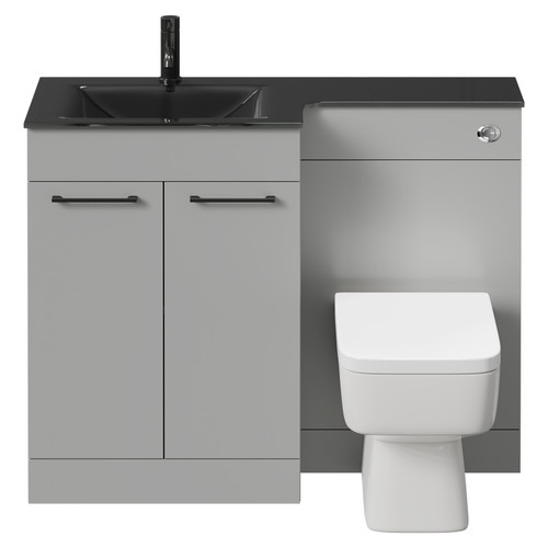 Venice Square Gloss Grey Pearl 1100mm Vanity Unit Toilet Suite with Left Hand Anthracite Glass 1 Tap Hole Basin and 2 Doors with Gunmetal Grey Handles Front View