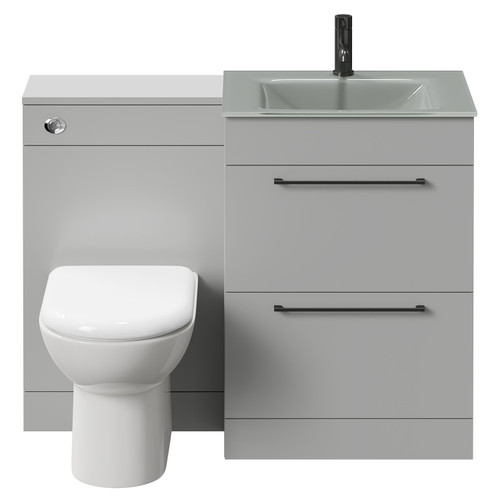 Venice Mono Gloss Grey Pearl 1100mm Vanity Unit Toilet Suite with Grey Glass 1 Tap Hole Basin and 2 Drawers with Gunmetal Grey Handles Front View