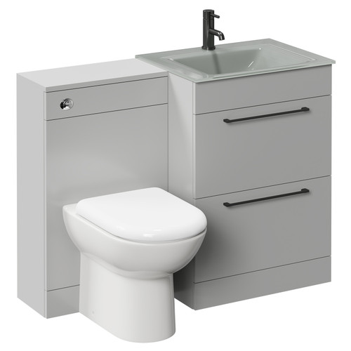 Venice Mono Gloss Grey Pearl 1100mm Vanity Unit Toilet Suite with Grey Glass 1 Tap Hole Basin and 2 Drawers with Gunmetal Grey Handles Left Hand View