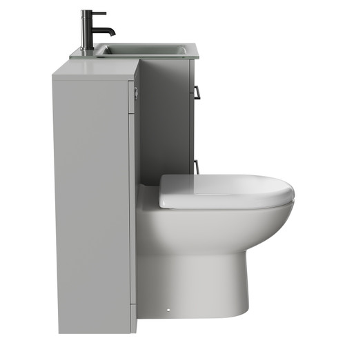Venice Mono Gloss Grey Pearl 1100mm Vanity Unit Toilet Suite with Grey Glass 1 Tap Hole Basin and 2 Drawers with Gunmetal Grey Handles Side View